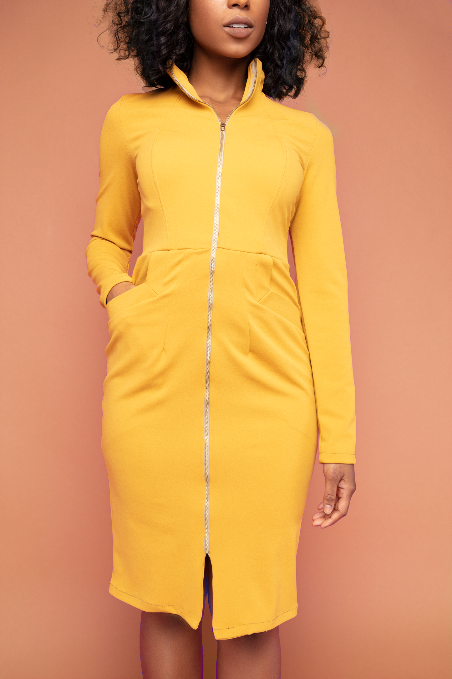 Antique Gold Zip-Front Long Sleeve Dress