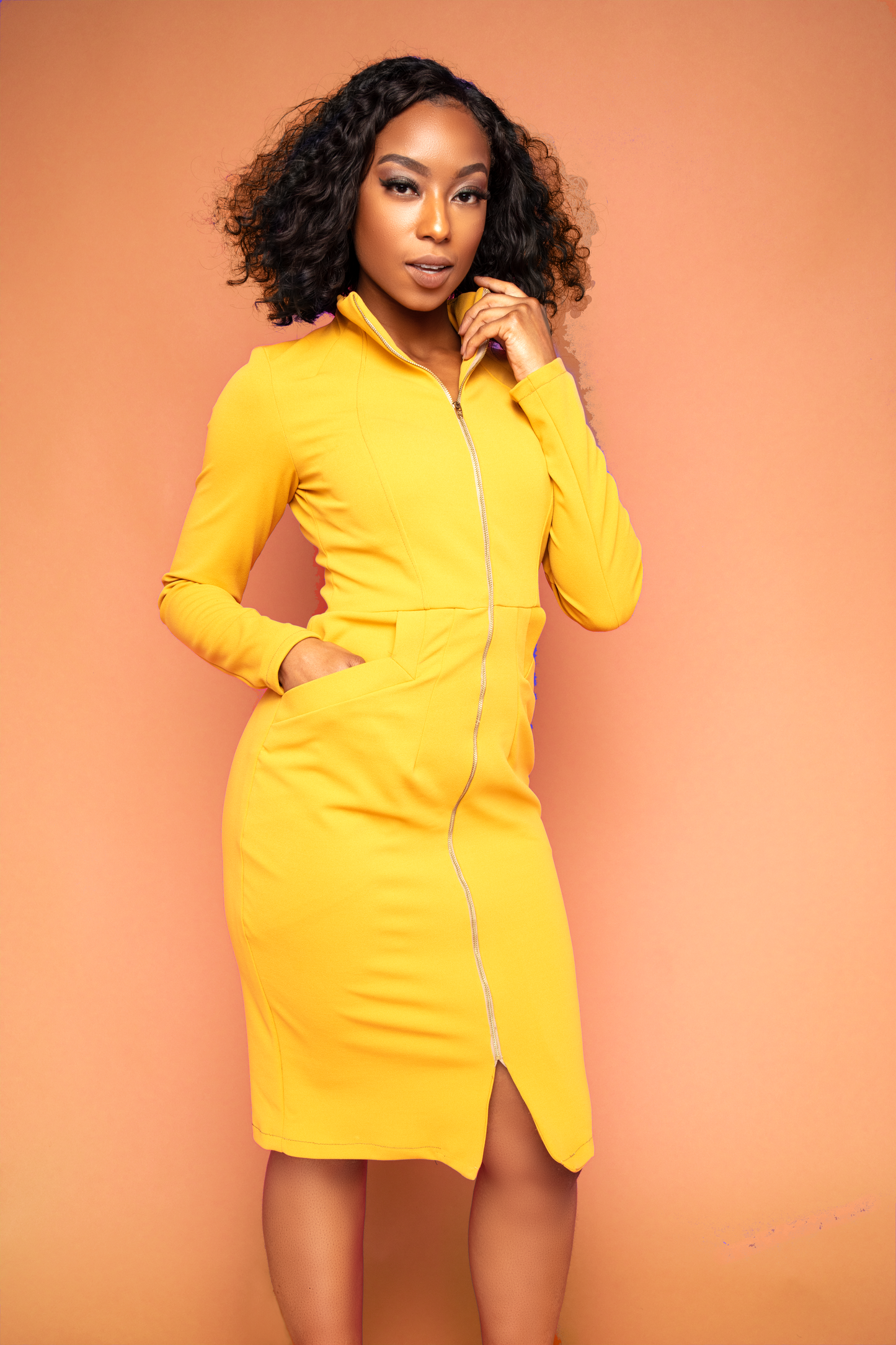 Antique Gold Zip-Front Long Sleeve Dress